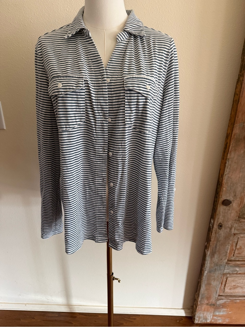 croft & barrow Navy and White Striped Button-Up Shirt